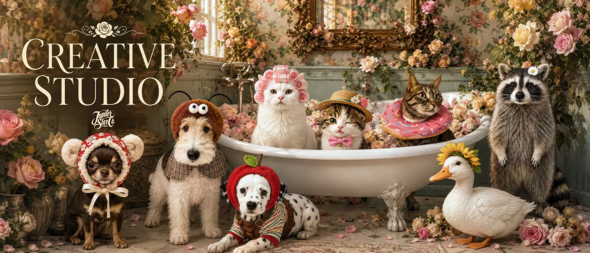 JupiterStarCo. Creative Studio: animals in a floral vintage bathroom