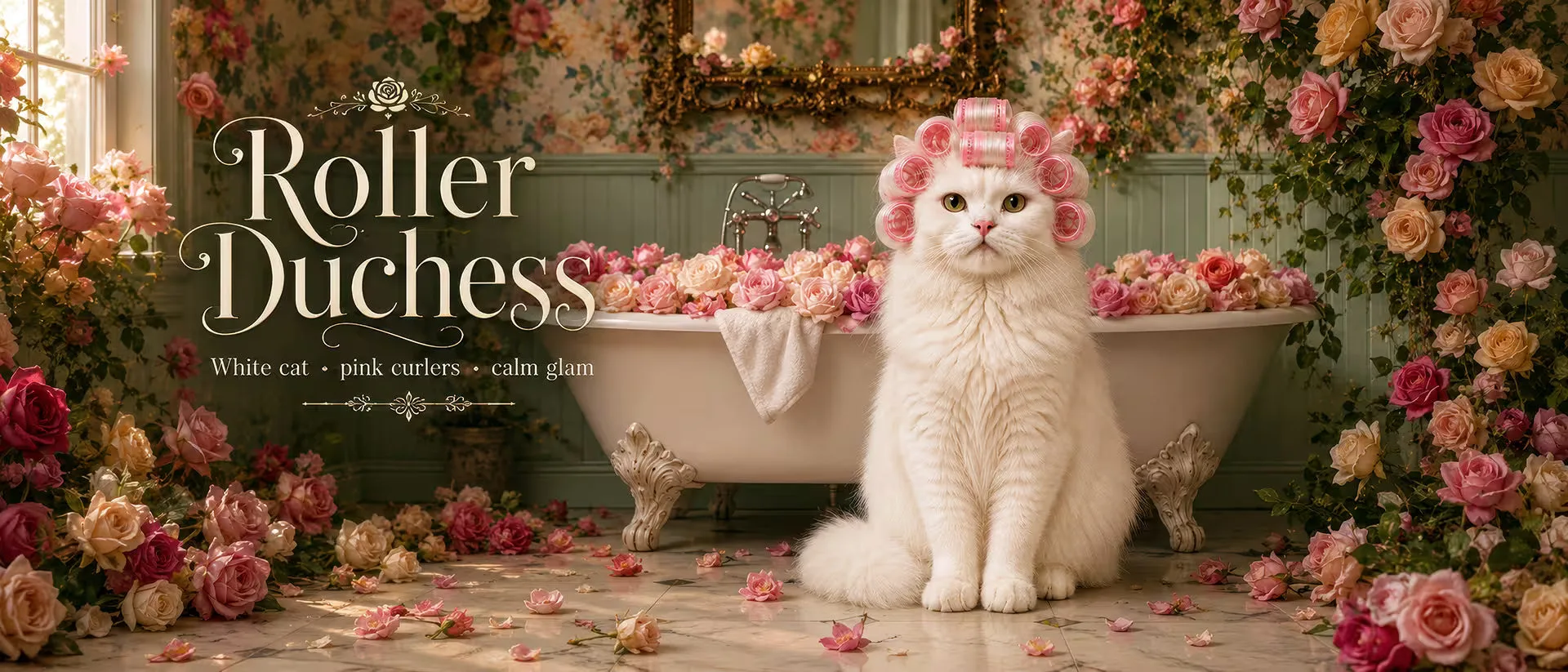 Roller Duchess: a white cat wearing pink curlers in a floral bathroom