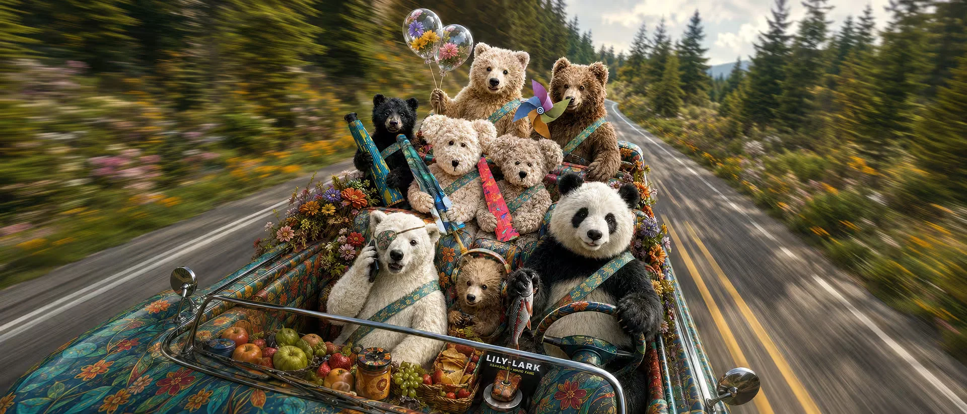 A colourful character cast in a playful roadside picnic scene with parasols